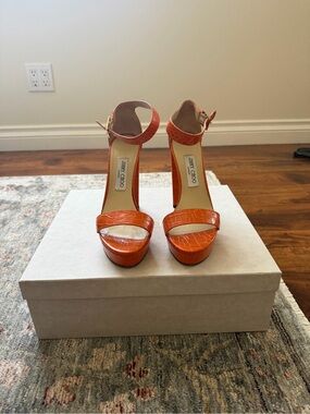 Jimmy Choo Orange Croc-Embossed Patent Platform Sandals